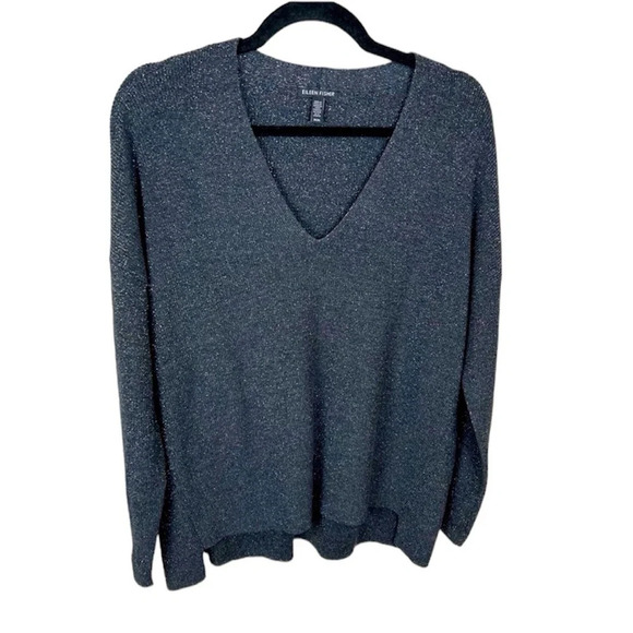 Eileen Fisher V-Neck Box Top Shimmer Metallic Wool Sweater Black Silver Medium - Picture 1 of 8